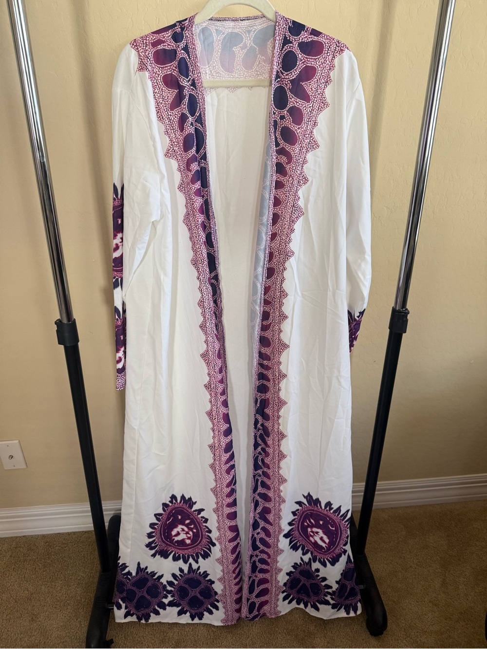 White Maxi Kimono with Purple Printed Trim